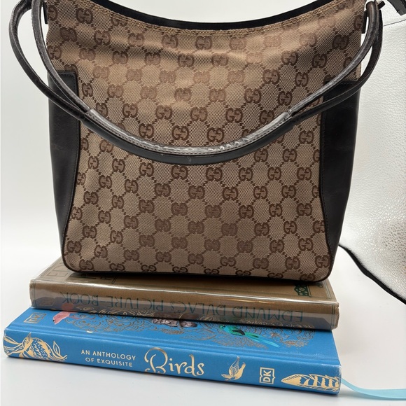 Gucci Handbags - Gucci Brown GG Canvas Shoulder Bag with Leather Trim